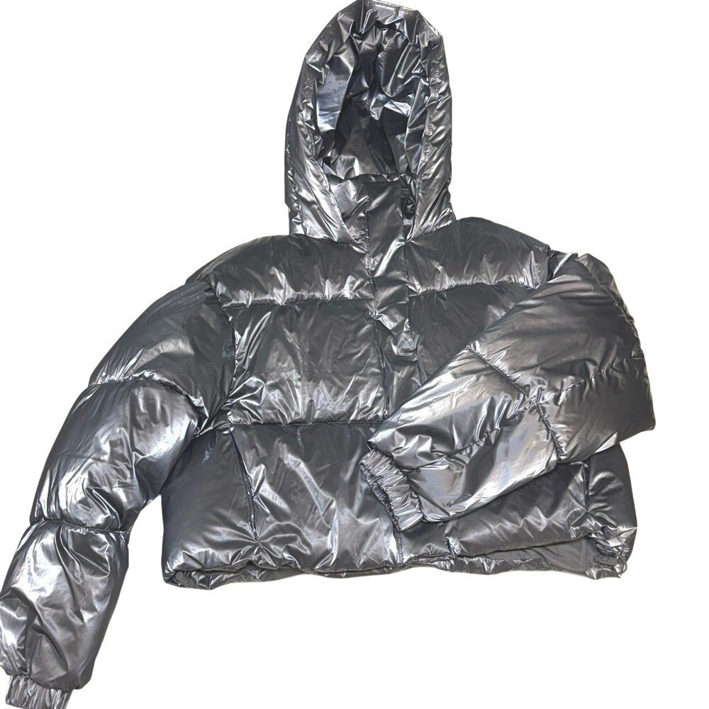 Zara Metallic Silver Hooded Cropped Puffer